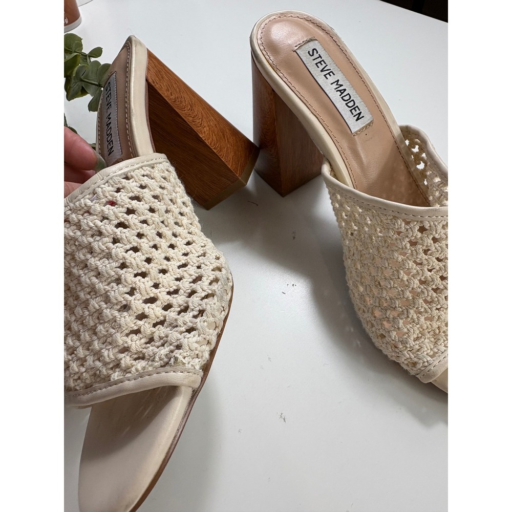 Steve Madden Womens Crochet Block Heel Mules Cream Woven Slide Sandals Size 7 - Picture 4 of 8